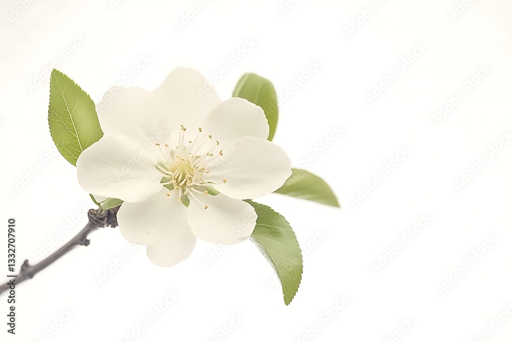 Fototapeta premium Orange blossom flower with green leaves on a branch, isolated on a white background. Detailed close-up with crisp focus and natural texture. Perfect for botanical and nature themes.