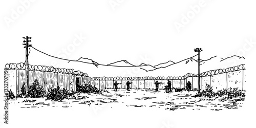 military base outpost doodle black vector ink sketch