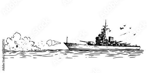 warship battleship at sea doodle black vector ink sketch
