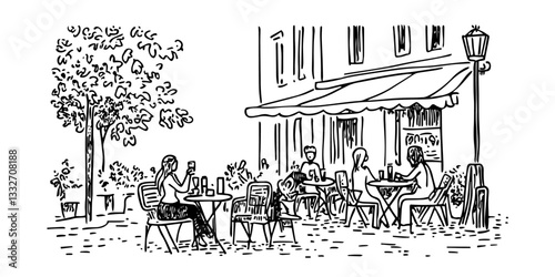 street cafe outdoor seating doodle black vector ink sketch