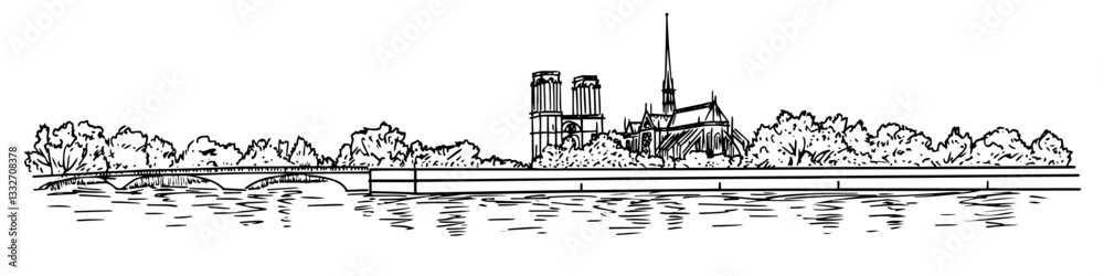 Obraz premium paris panorama doodle black vector ink sketch