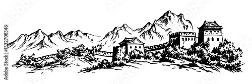 great wall of china landscape doodle black vector ink sketch
