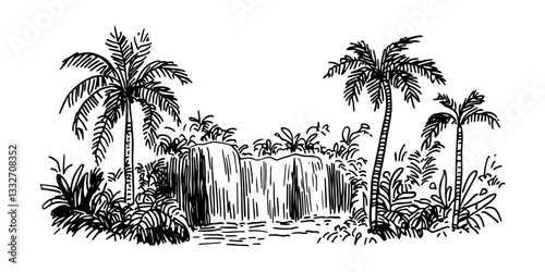 tropical waterfall with palm trees doodle black vector ink sketch