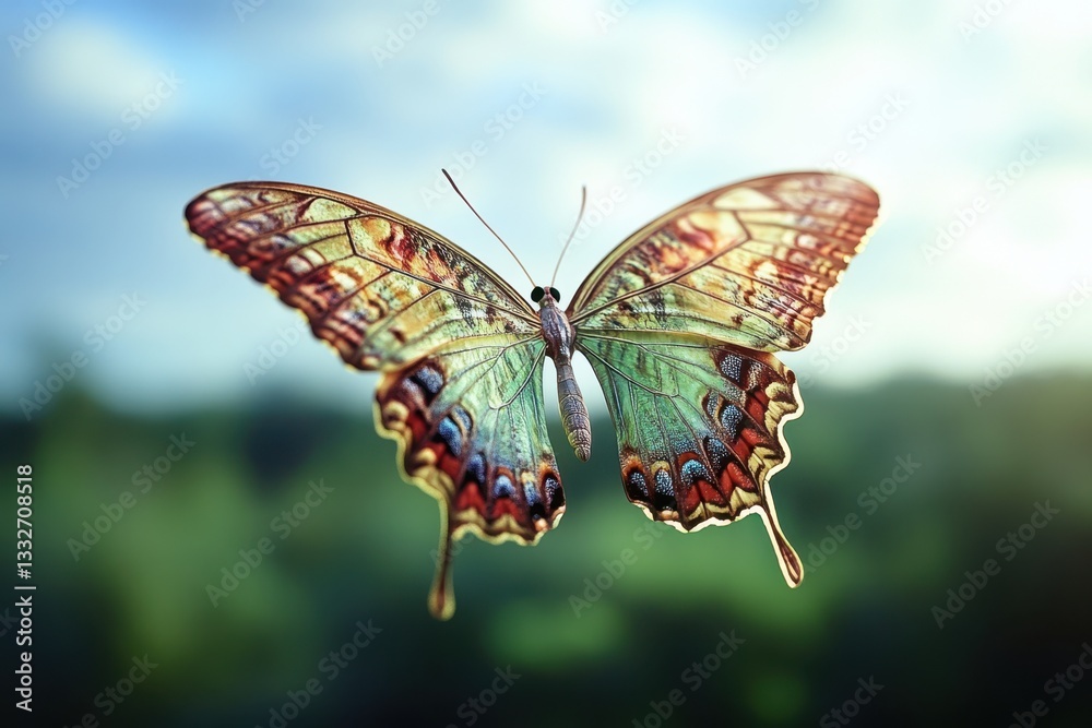Obraz premium Colorful butterfly with intricate wings hovering in a natural setting during daylight hours