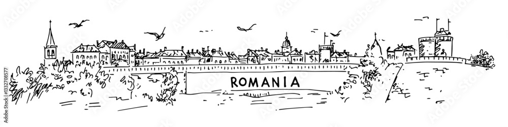 Fototapeta premium romanian city skyline doodle black vector ink sketch