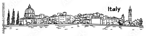 italian city skyline doodle black vector ink sketch