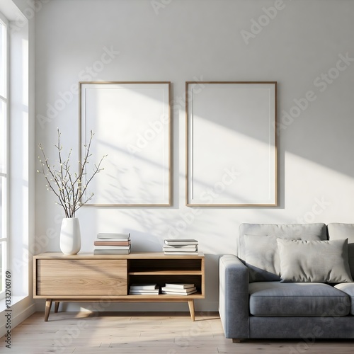 minimalist living room bathed in natural light from a large window. Frame mockup, Living room wall poster mockup. Interior mockup with house background. Modern interior design. 