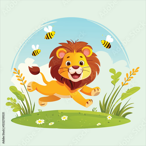 cute cartoon lion cub in meadow vector illustration