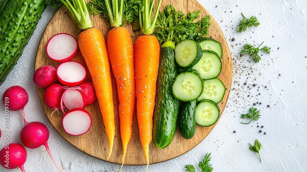 Organic carrots, radishes, and cucumbers arranged on a wooden platter with olive oil and fresh herbs. Organic carrots, radishes, and cucumbers arranged on a wooden platter with olive oil and fresh herbs.