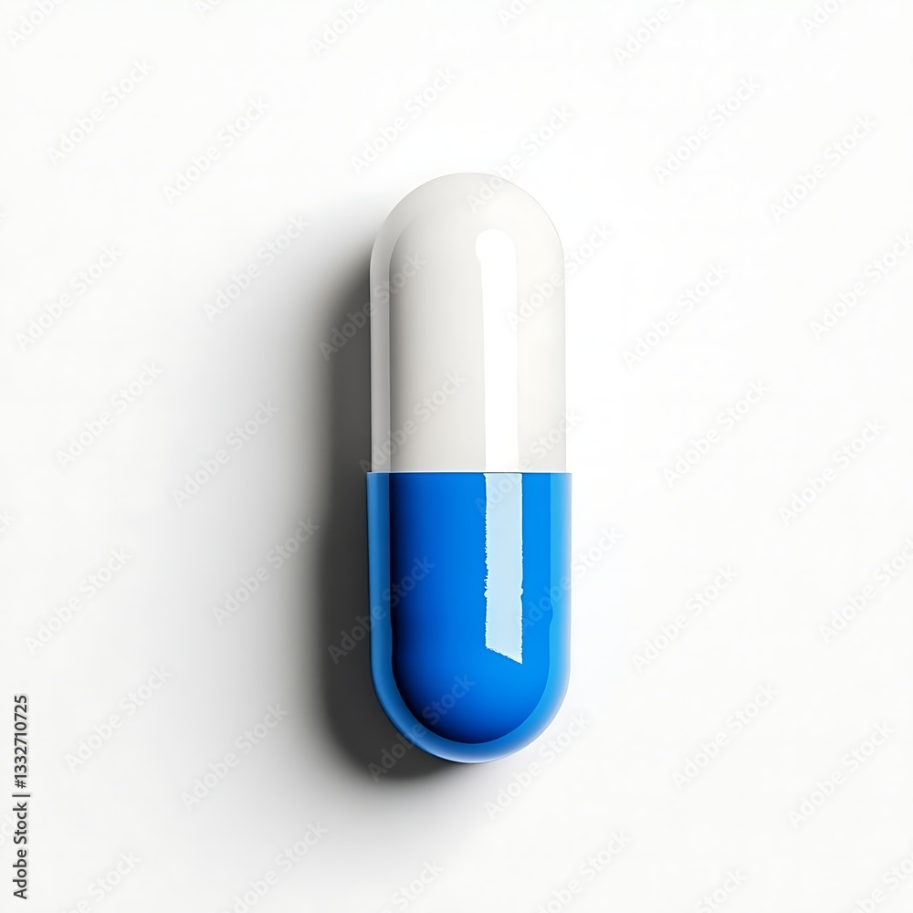 White and blue capsule pill on a stark white background, ultra-realistic detail highlighting texture and shape, isolated for medical or pharmaceutical purposes. White and blue capsule pill on a stark white background, ultra-realistic detail highlighting texture and shape, isolated for medical or pharmaceutical purposes.