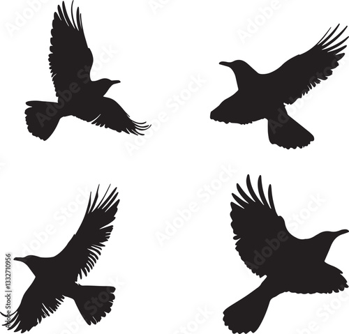This artwork is digitally enhanced using AI and manually edited for quality. Flying Bird Silhouettes - Set of Four Black Bird Illustrations in Flight.