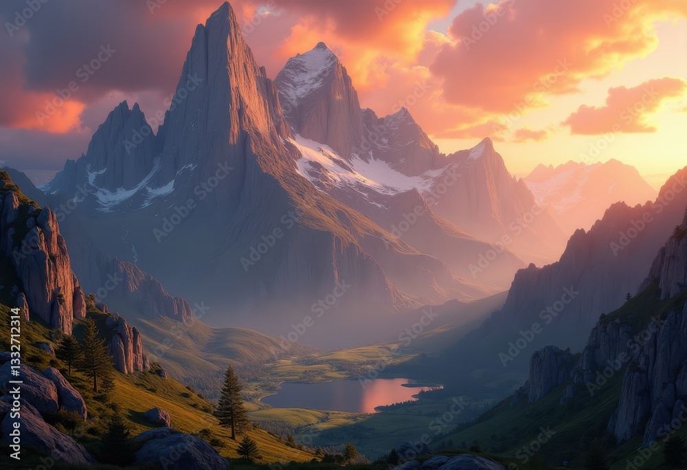 Obraz premium stunning scenic view breathtaking mountain peaks bathed golden light during dramatic sunset sky colors, beauty, cliff, elevation, evening, exploration