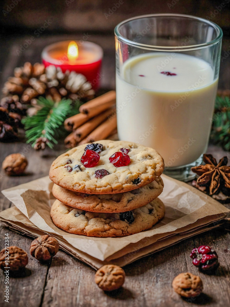 Christmas cookies and milk with dried berries and raisins, rustic style. Christmas cookies and milk with dried berries and raisins, rustic style.