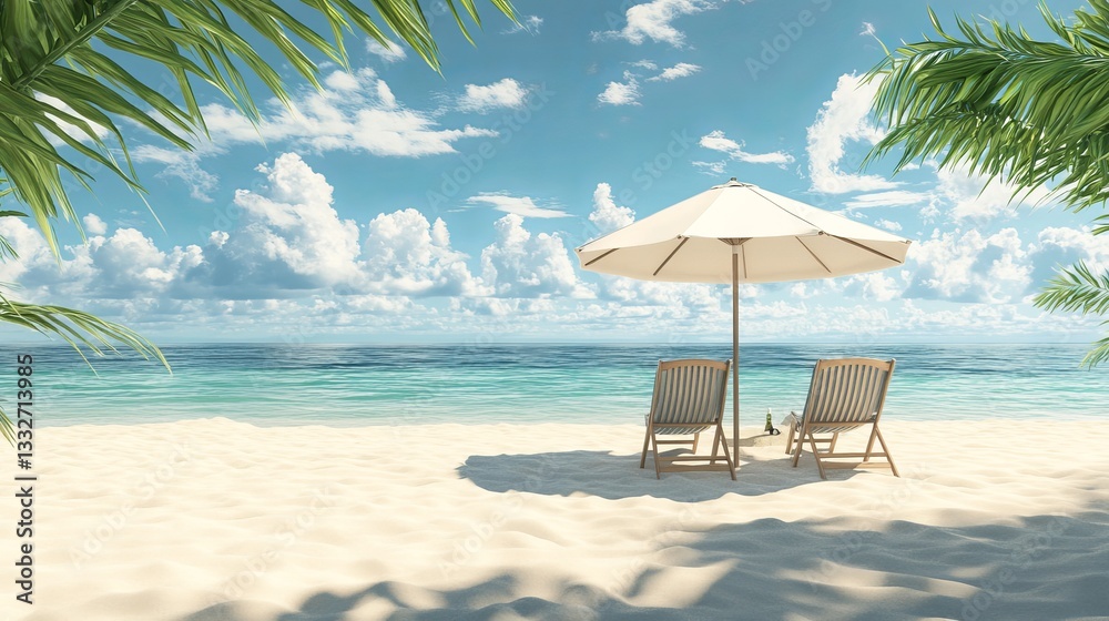 Fototapeta premium Beach Umbrella with Chairs on the Sand – Idyllic Summer Vacation Scene by the Ocean
