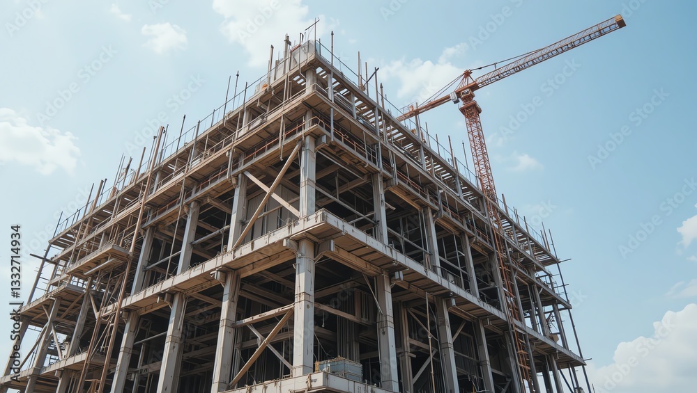 A tall construction site featuring scaffolding and a crane against a blue sky, symbolizing progress and urban development. A tall construction site featuring scaffolding and a crane against a blue sky, symbolizing progress and urban development.
