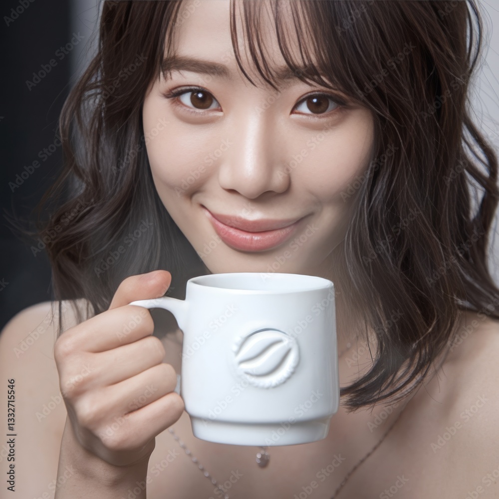 A smiling woman enjoys a cup of coffee, radiating warmth and relaxation A smiling woman enjoys a cup of coffee, radiating warmth and relaxation