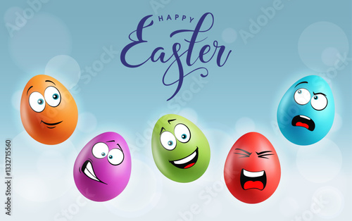 Color realistic eggs with funny faces on gradient background. Different emotions, cartoon smile. Set of eggs emoji banner. Happy Easter holiday poster illustration. Various colours.