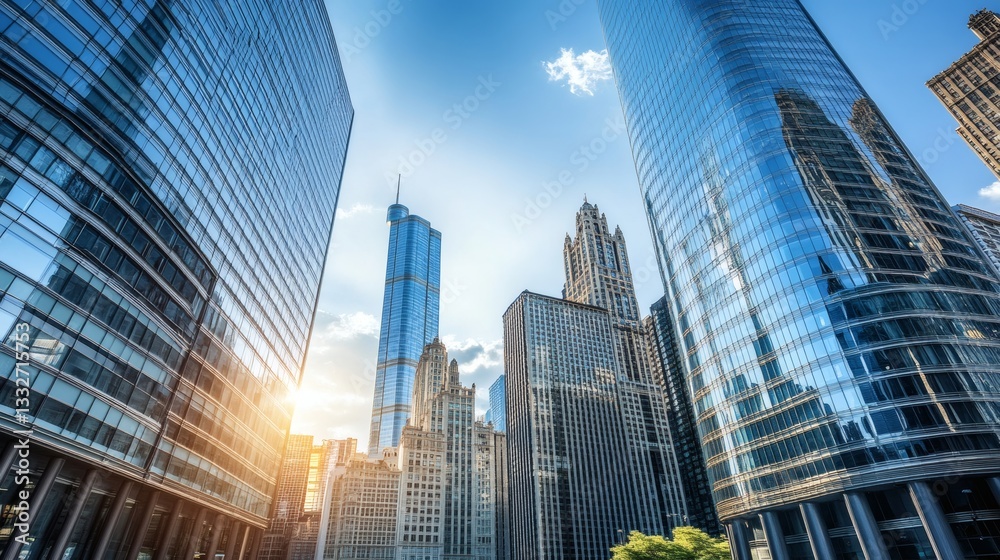 Tall modern city buildings pointing towards the blue sky above Tall modern city buildings pointing towards the blue sky above