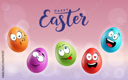 Color eggs with funny faces on gradient background. Different emotions, cartoon smile. Set of eggs emoji banner. Happy Easter holiday poster illustration. Various colours.