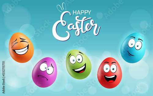 Color realistic eggs with funny faces on gradient background. Different emotions, cartoon smile. Set of eggs emoji banner. Happy Easter holiday poster illustration. Various colours.