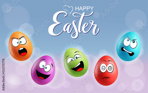 Color realistic eggs with funny faces on gradient background. Different emotions, cartoon smile. Set of eggs emoji banner. Happy Easter holiday poster illustration. Various colours.