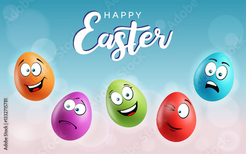 Color eggs with funny faces on gradient background. Different emotions, cartoon smile. Set of eggs emoji banner. Happy Easter holiday poster illustration. Various colours.