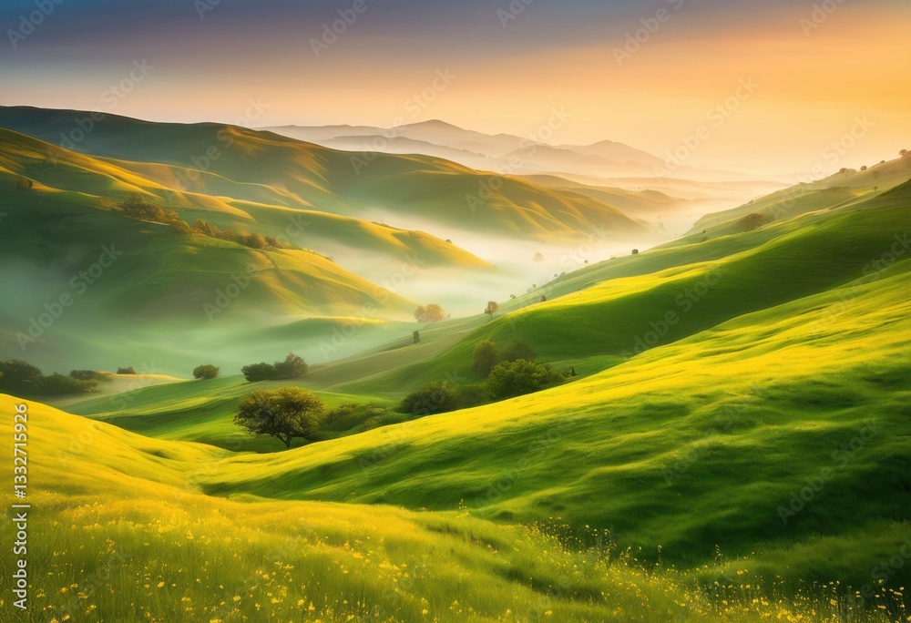 Fototapeta premium captivating majestic rolling hills dawn surrounded misty valleys showcasing breathtaking splendor serenity, landscape, scenery, sunrise, fog, greenery