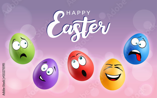 Color realistic eggs with funny faces on gradient background. Different emotions, cartoon smile. Set of eggs emoji banner. Happy Easter holiday poster illustration. Various colours.