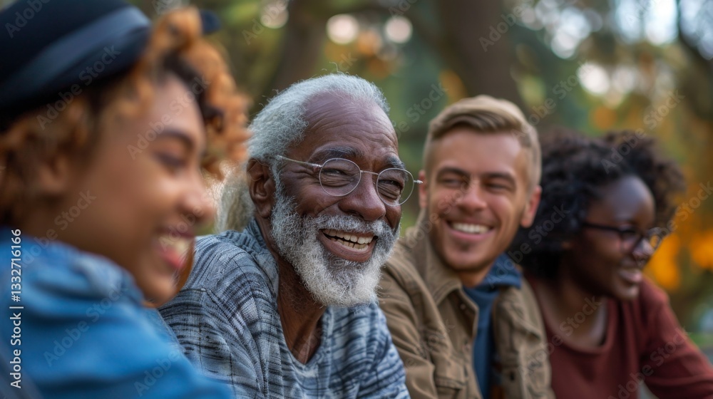 Multigenerational group of friends from different backgrounds enjoying a lively conversation in a park on a sunny day Multigenerational group of friends from different backgrounds enjoying a lively conversation in a park on a sunny day