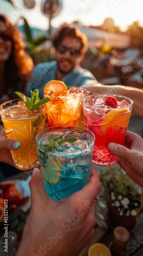 Friends sharing colorful cocktails at a rooftop bar during a sunset gathering photo
