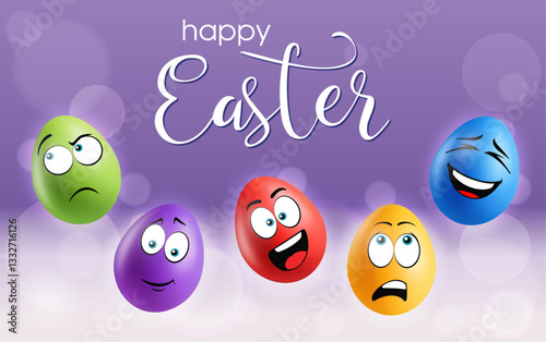 Color realistic eggs with funny faces on gradient background. Different emotions, cartoon smile. Set of eggs emoji banner. Happy Easter holiday poster illustration. Various colours.