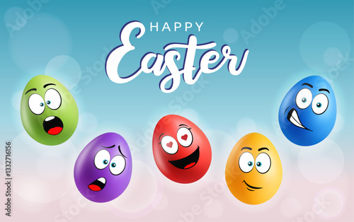 Color realistic eggs with funny faces on gradient background. Different emotions, cartoon smile. Set of eggs emoji banner. Happy Easter holiday poster illustration. Various colours.