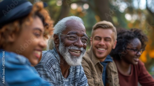 Multigenerational group of friends from different backgrounds enjoying a lively conversation in a park on a sunny day