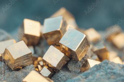 detailed close-up of pyrite crystals displaying their metallic golden cubic formations with ample copy space photo