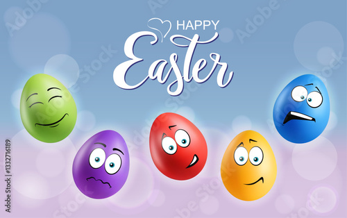 Color realistic eggs with funny faces on gradient background. Different emotions, cartoon smile. Set of eggs emoji banner. Happy Easter holiday poster illustration. Various colours.