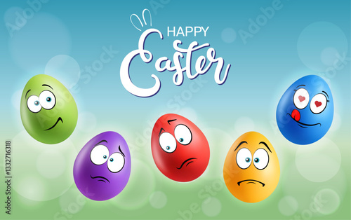 Color realistic eggs with funny faces on gradient background. Different emotions, cartoon smile. Set of eggs emoji banner. Happy Easter holiday poster illustration. Various colours.