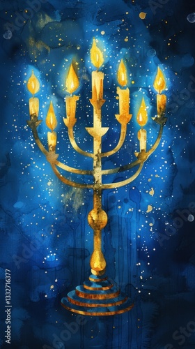 Hanukkah menorah glowing softly in blue and gold tones reflects the warmth of tradition and celebration during the festival of lights photo