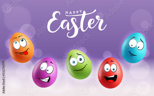 Color realistic eggs with funny faces on gradient background. Different emotions, cartoon smile. Set of eggs emoji banner. Happy Easter holiday poster illustration. Various colours.