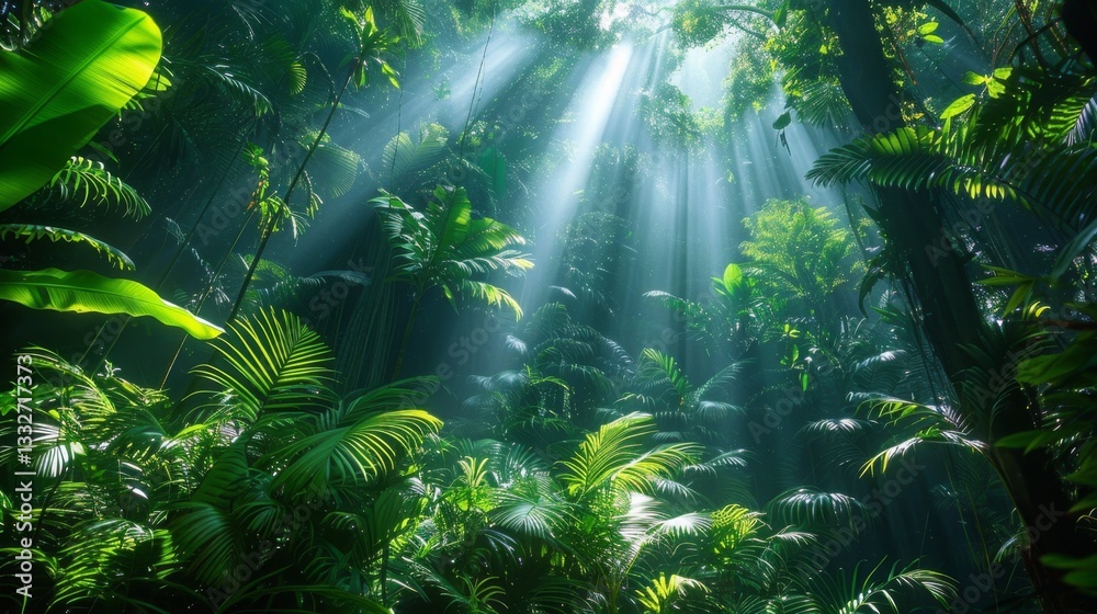 Fototapeta premium Sunbeams filter through a lush forest canopy, revealing vibrant greenery and tranquil beauty in nature