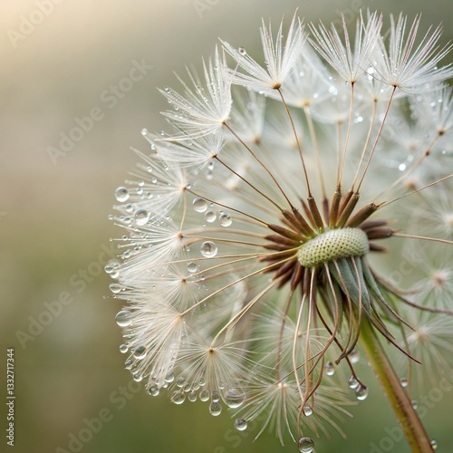 dandelion seed head. Close-up dandelion seed head blue turquoise feathers dew drops vitality.