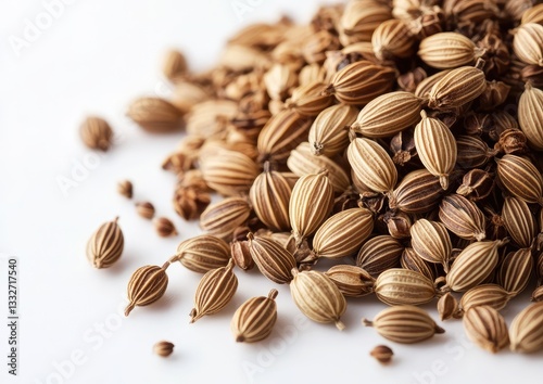 Pile of dried seeds, close-up, white background, scattered seeds photo