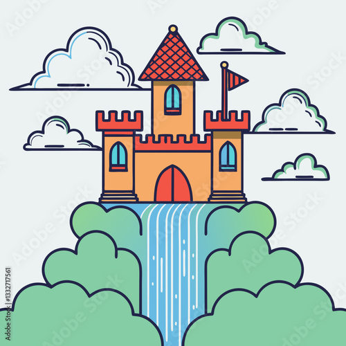 Whimsical castle illustration, colorful design with waterfall and clouds in a fairy-tale style