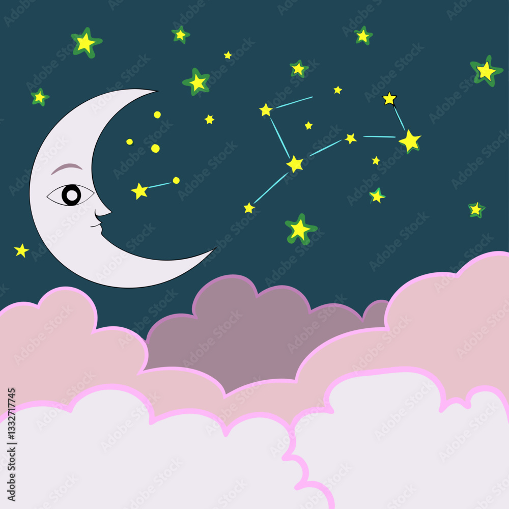 Fototapeta premium Illustration of moon with stars and clouds in night sky