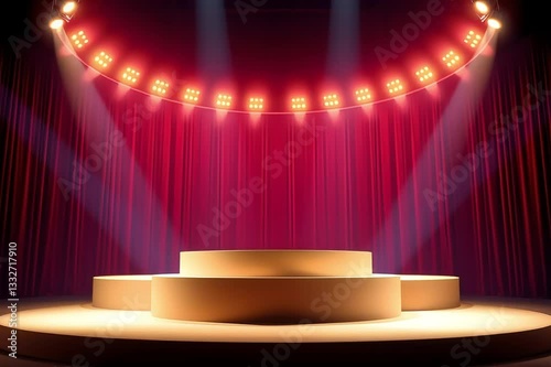 Stage with red carpet, curtains, and spotlight for a theater performance