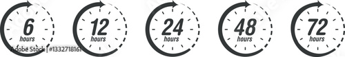 6, 12, 24, 48, 72 Hours Clock Arrow Icons – Work Time, Delivery & Service Time Symbols