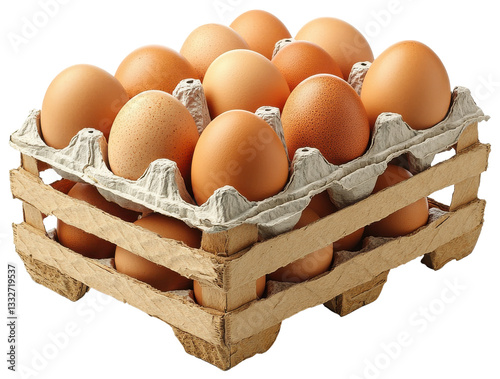 Brown eggs in carton tray, many eggs. Raw food ingredient. Transparent png, isolated.