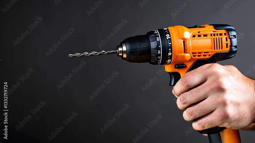 Close-up of a hand holding an electric drill against a dark background, showcasing its design and functionality