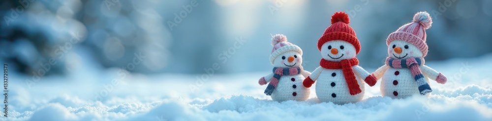 Charming knitted snowmen figurines on a pristine, blue-hued snow landscape , holiday, winter wonderland, adorable Charming knitted snowmen figurines on a pristine, blue-hued snow landscape , holiday, winter wonderland, adorable