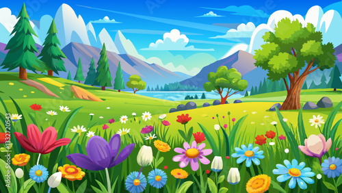 Beautiful spring landscape with colorful wildflowers in a green meadow on a blue day,