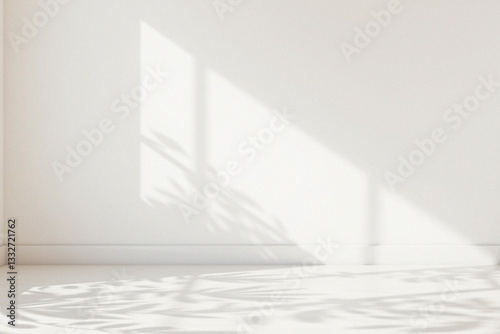 Shadow of a window on a wall with a floor, featuring an overlay effect of leaves and windowpane. Sun light shade photo